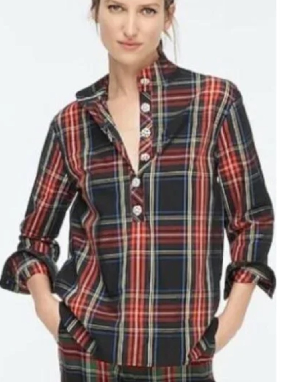 J Crew Classic red plaid blouse with rhinestone buttons